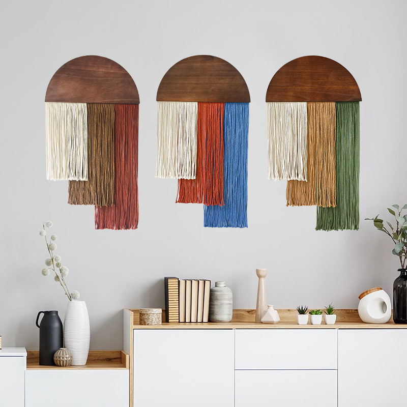 Wall Scroll Tapestry - 半円形木製タッセルタペストリー三色段々タッセル壁飾りホテル壁飾り北欧風壁掛け