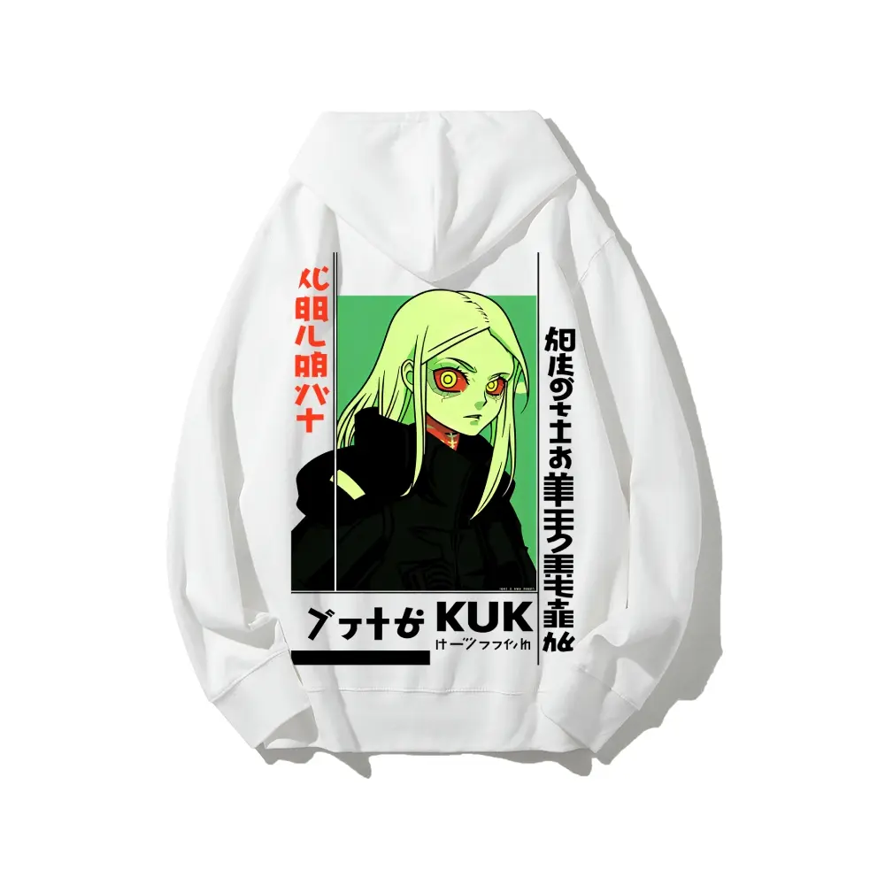 Anime Merch Hoodie - サイバーパンク・エッジランナーズ、レベッカのプリントが施された、純綿のプルオーバーパーカー。アニメグッズ、インディペンデントデザイン、肌触りの良い素材、ストリートファッション、トレンドのアニメアパレル、sohochic。