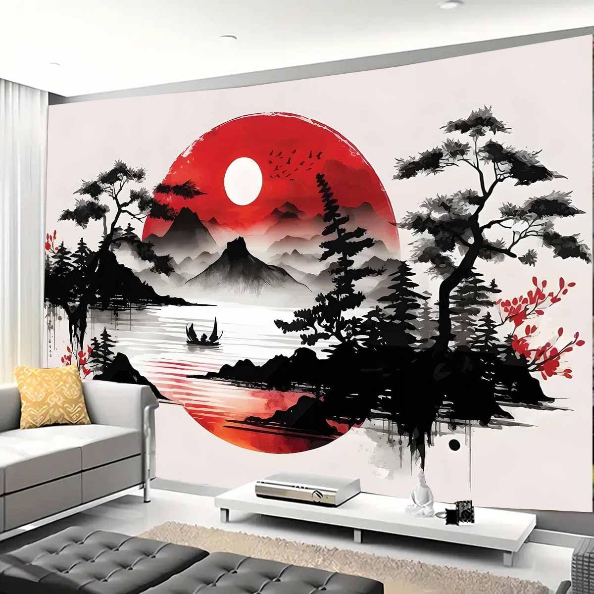 Wall Scroll Tapestry - 日本の山岳風景タペストリー壁掛け絵画アジアン禅スタイル太陽竹プリントリビングルーム装飾アートホームアクセントファブリック装飾