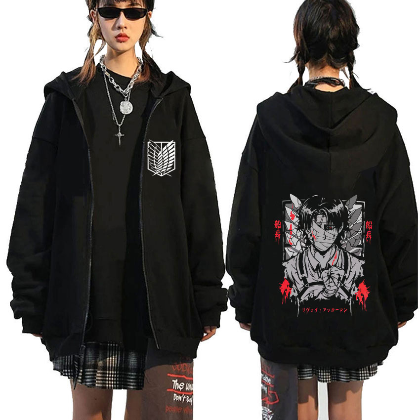 Anime Merch Hoodie - アニメ進撃の巨人リヴァイ・アッカーマン顔グラフィックジッパーパーカー男性漫画マンガグッズジップアップジャケットメンズオーバーサイズストリートウェア