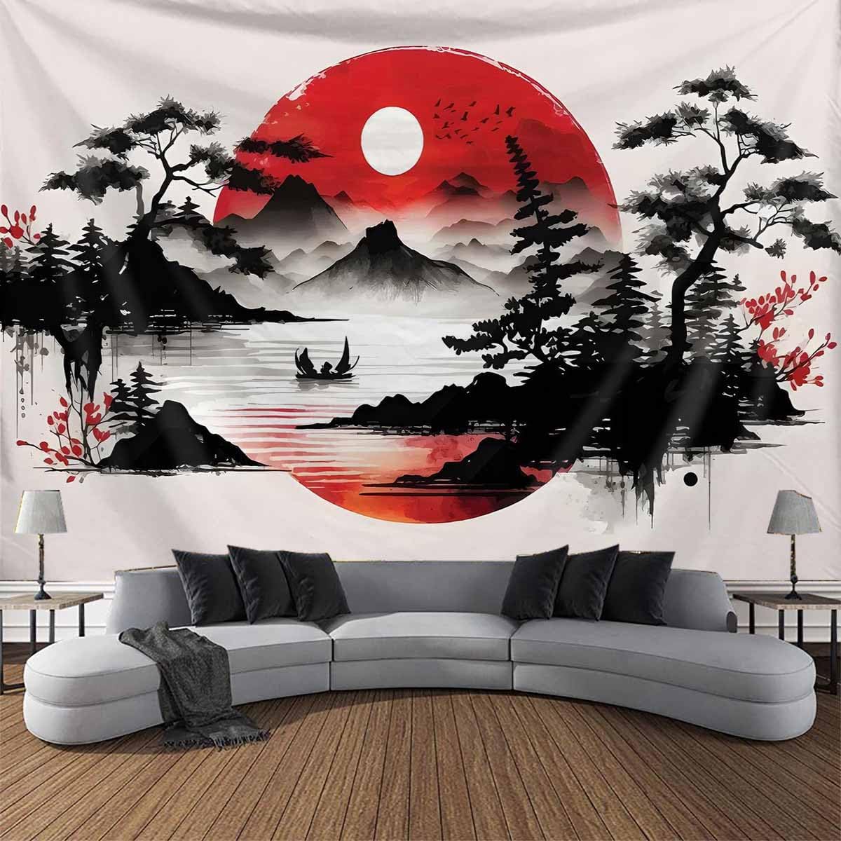 日本の山岳風景タペストリー壁掛け絵画アジアン禅スタイル太陽竹 - Wall Scroll Tapestry のレビューと価格