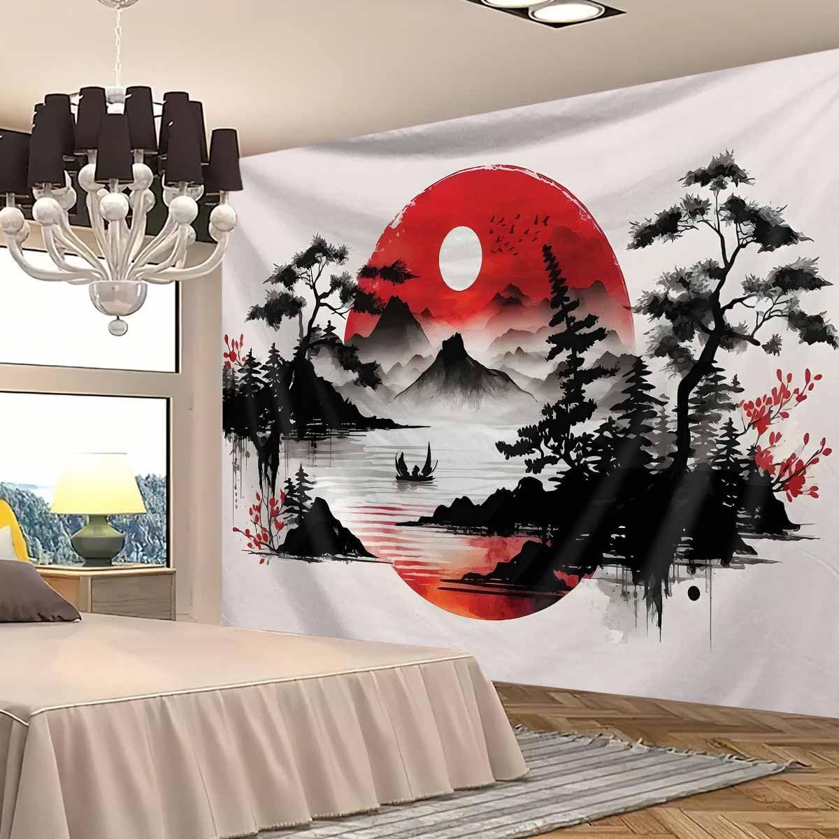 日本の山岳風景タペストリー壁掛け絵画アジアン禅スタイル太陽竹 - Wall Scroll Tapestry のレビューと価格