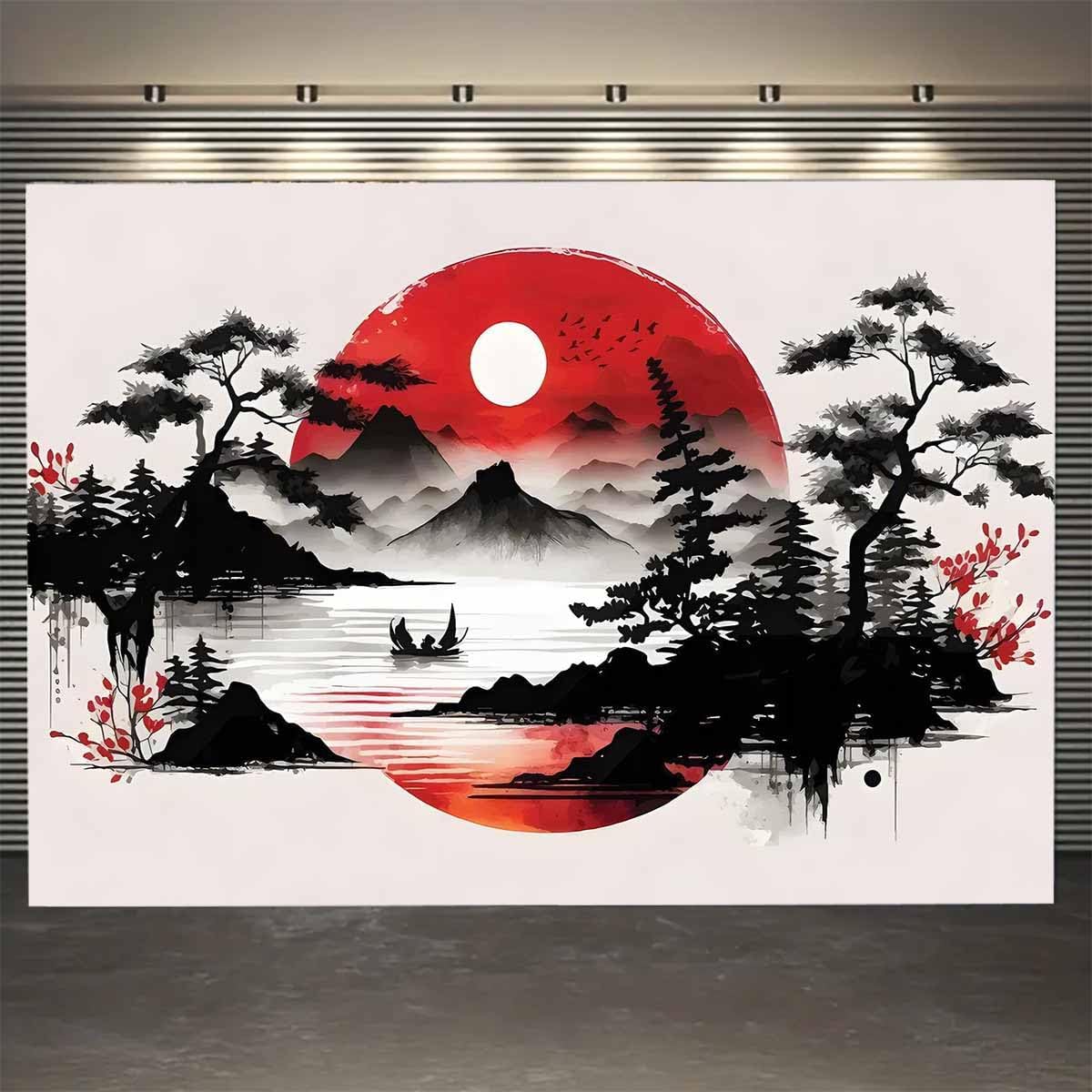 日本の山岳風景タペストリー壁掛け絵画アジアン禅スタイル太陽竹 - Wall Scroll Tapestry のレビューと価格