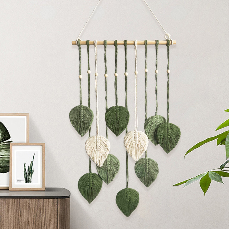 手作りの葉っぱのタペストリー織り木製ビーズ付き装飾壁掛けベッ - Wall Scroll Tapestry のレビューと価格
