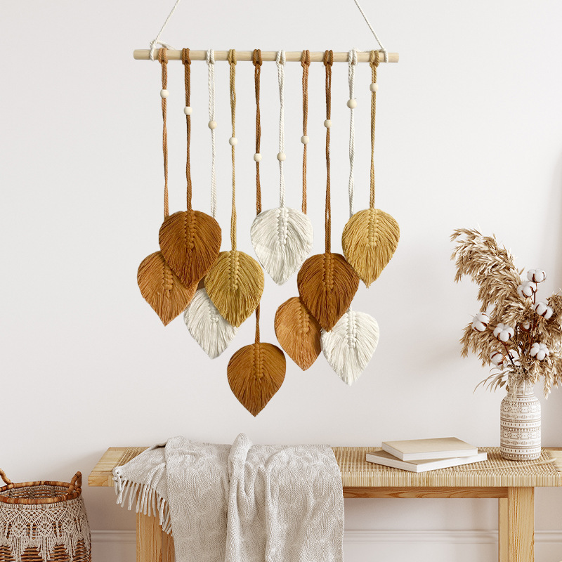 手作りの葉っぱのタペストリー織り木製ビーズ付き装飾壁掛けベッ - Wall Scroll Tapestry のレビューと価格